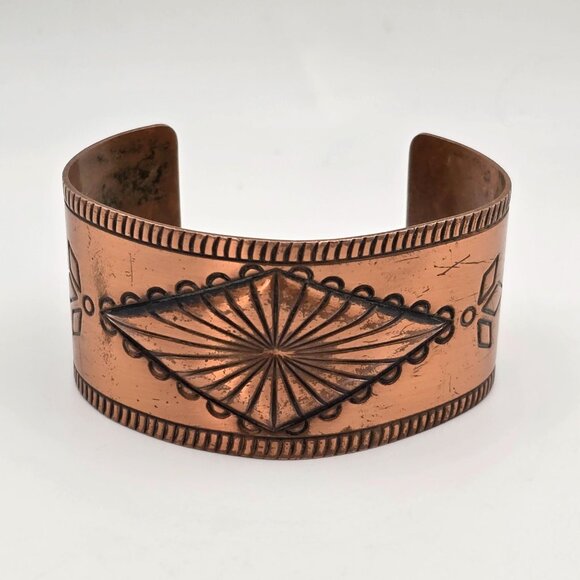 Bell Trading Post Jewelry - VTG Bell Trading Post Wide Copper Cuff Bracelet 6.5" Stamped Design Southwestern